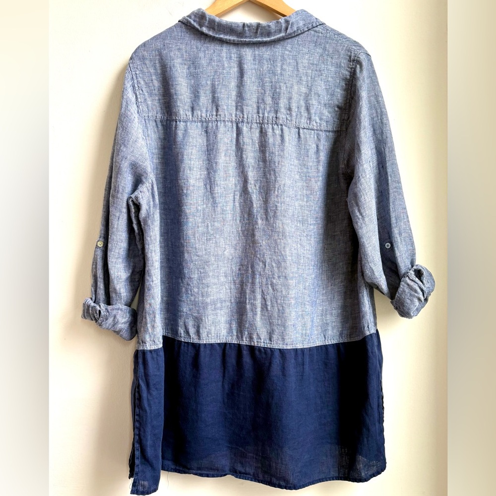 TAHARI 100% LINEN 2 tone BLUE color block chambray button down shirt size 1X - Picture 2 of 3
